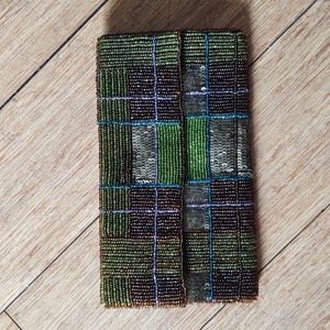 K.C. MALHAN BEADED CLUTCH STYLE PURSE GREEN BROWN BLUE SEQUIN GREAT